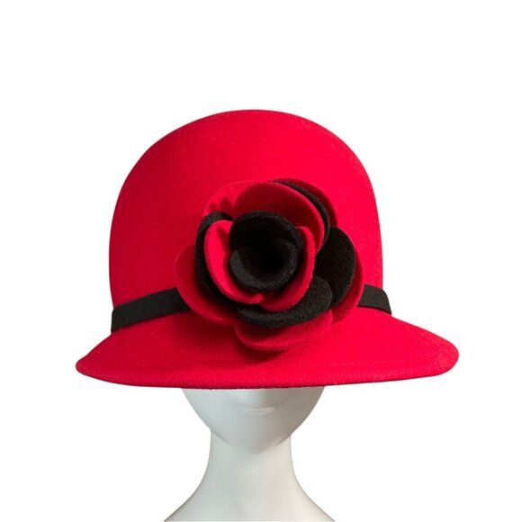 Red Wool & Felt Cloche Hat With Black Band & Floral Accent main image 8